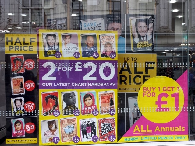 Window at WHSmith, Newcastle (14 Oct 2013). Photograph by Graham Soult